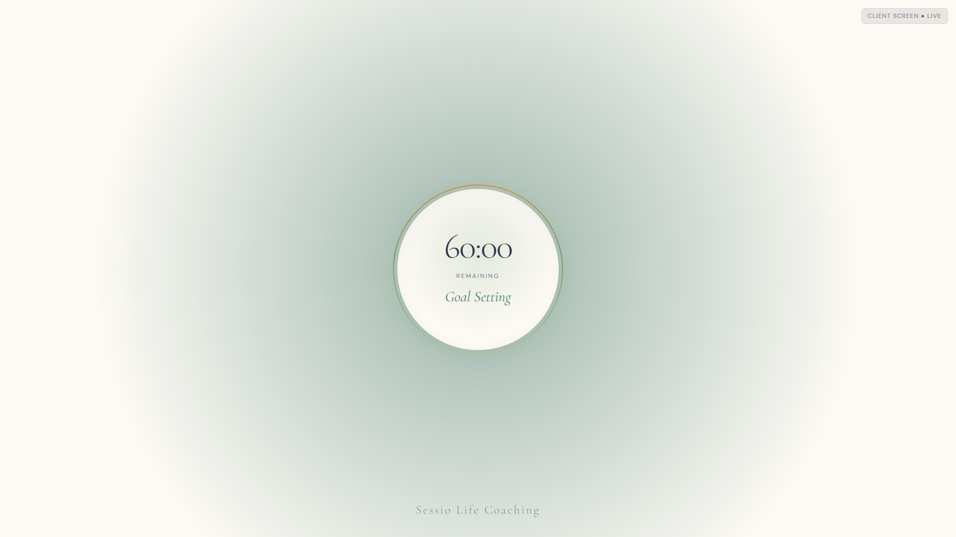 Full-screen ambient display with soft animated background and practice wordmark