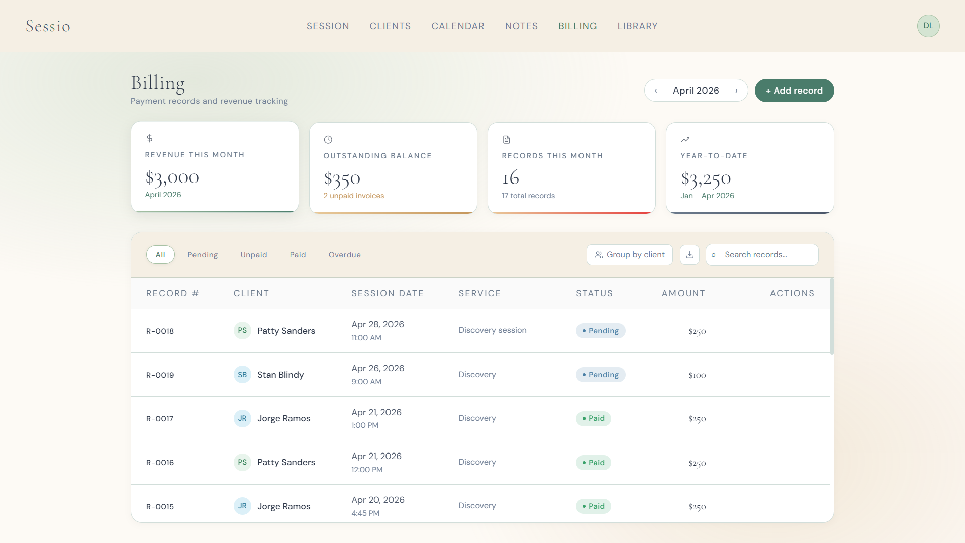 Billing screen with revenue stats and session payment records list