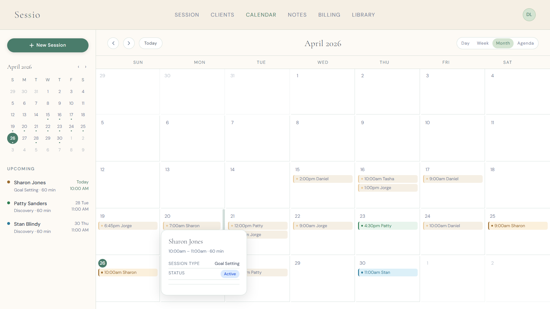 Week calendar view with scheduled coaching session blocks