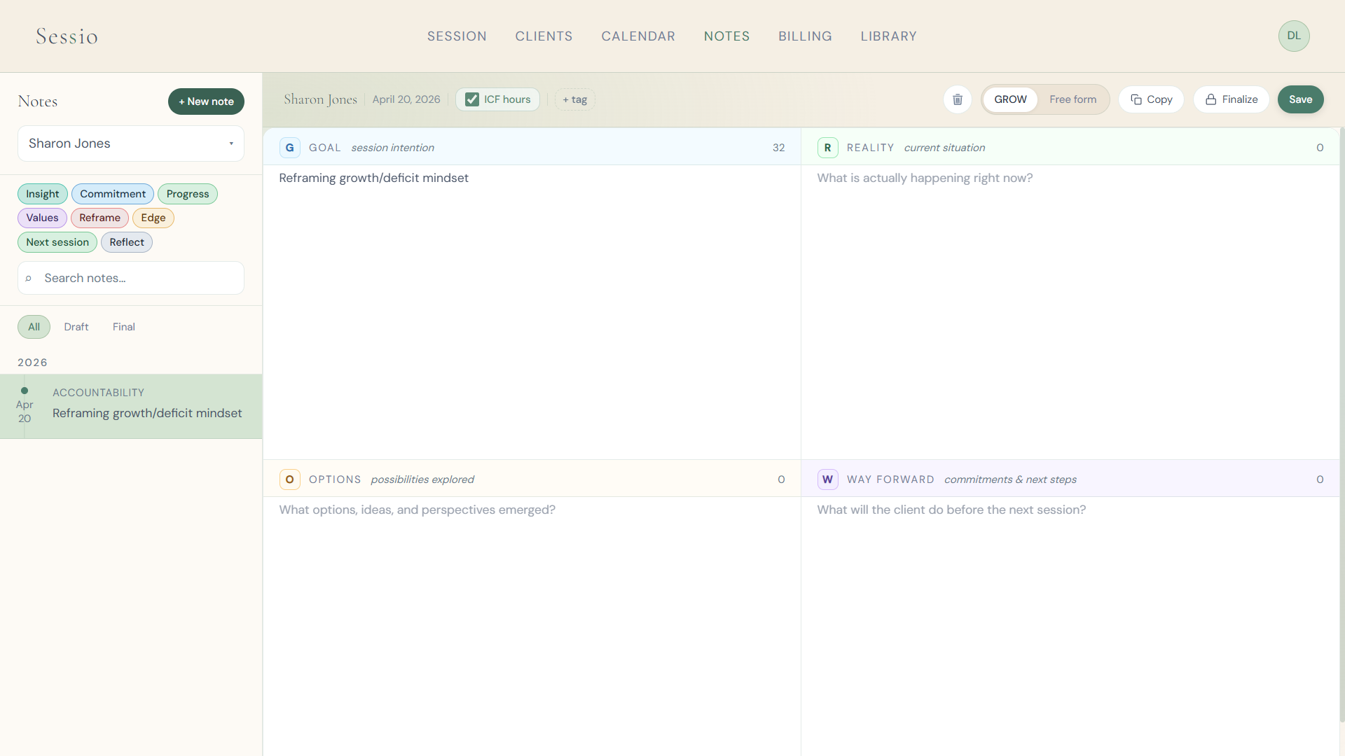 Notes screen with GROW framework in a 2x2 grid and client timeline sidebar