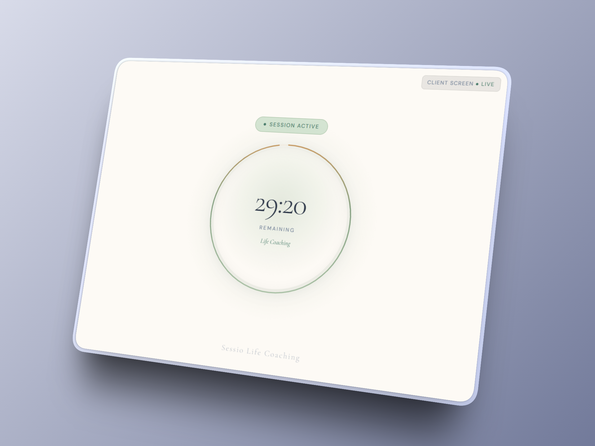 Client-facing ambient display with calming animated background for the coaching room