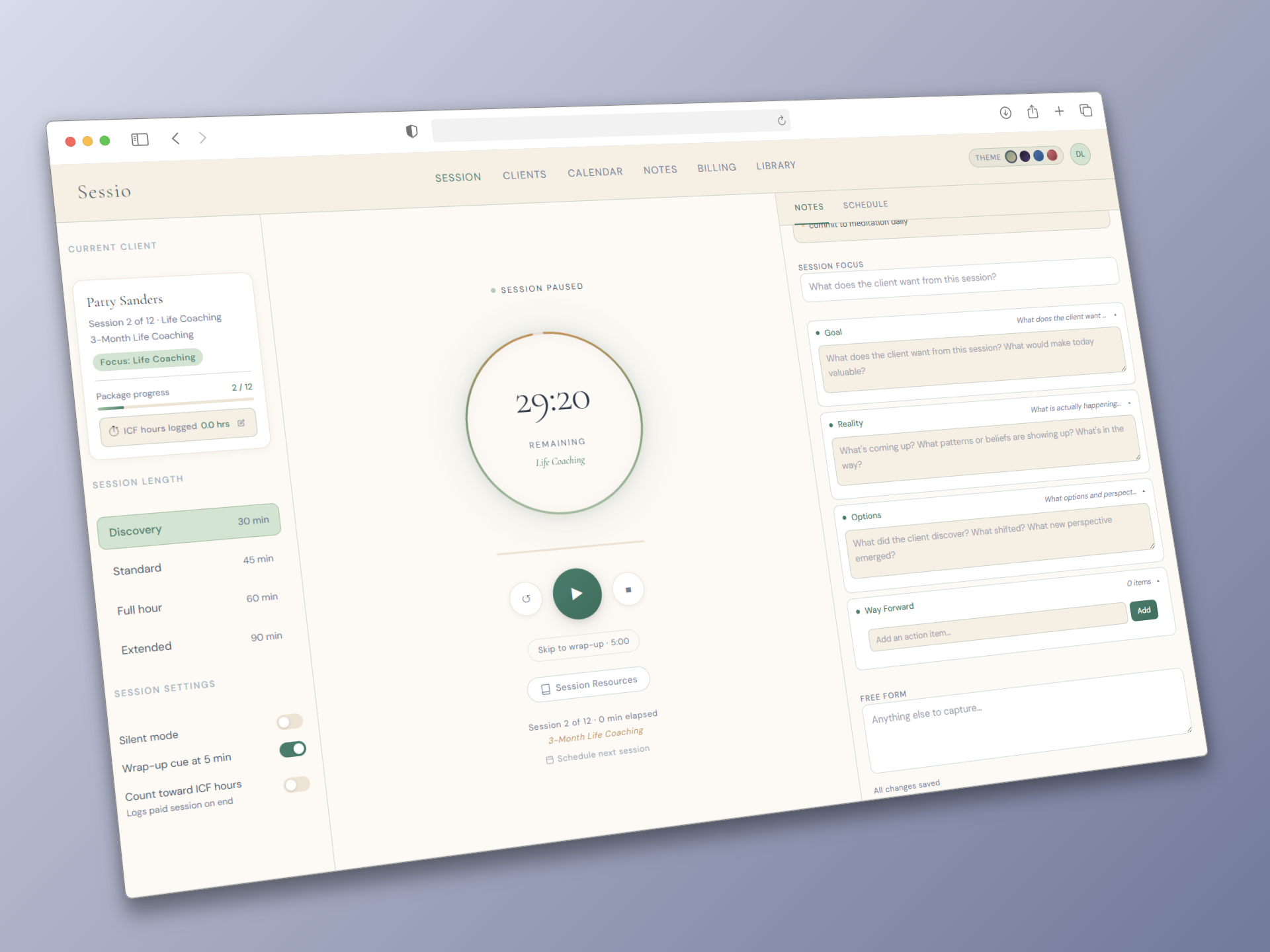 Session dashboard with active timer ring, client name, and GROW note panel